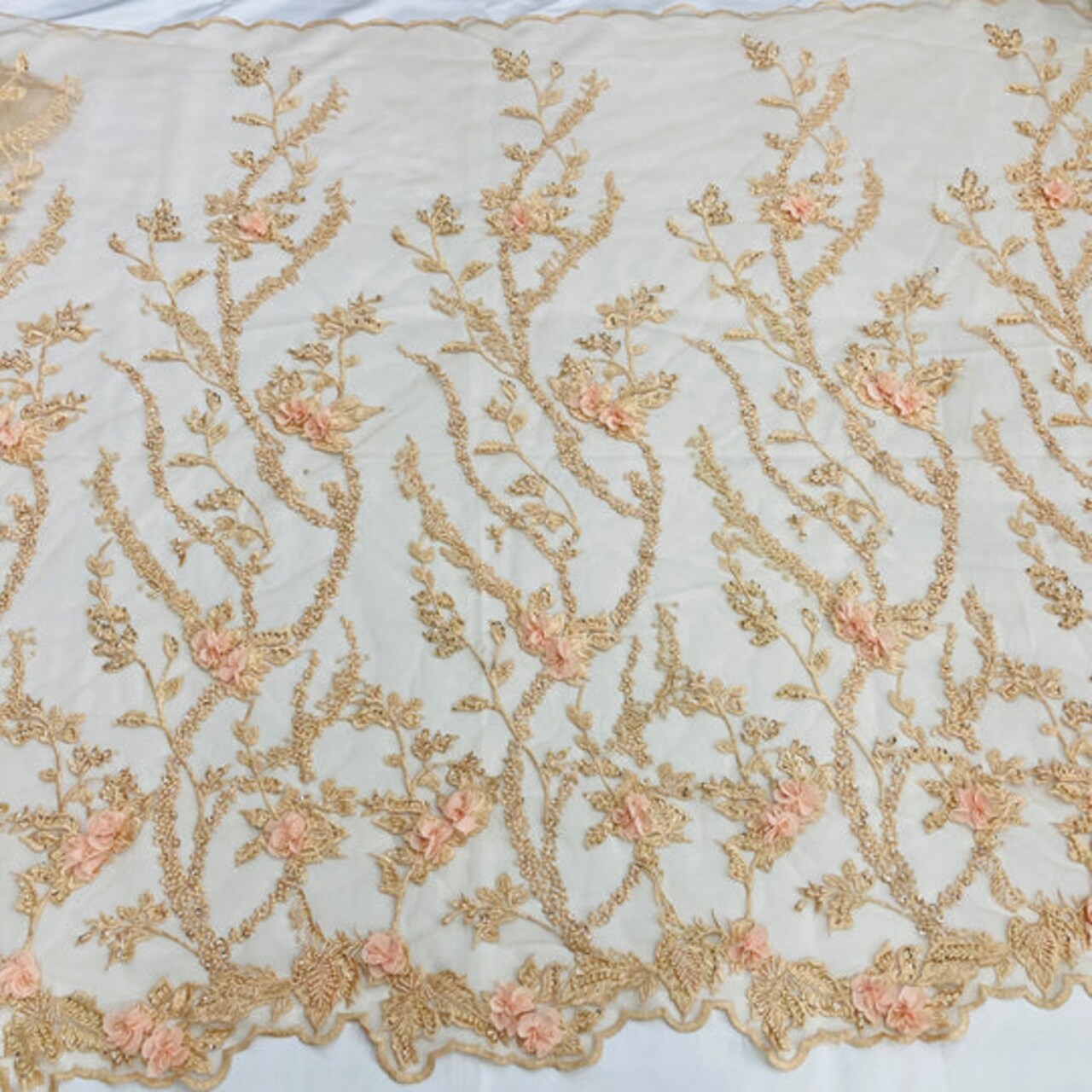 1 Yard Exquisite Beaded 3D Floral Lace Fabric Embroidered on Polyester Net Mesh